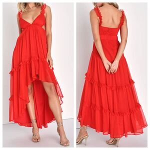 Lulus Always a Dreamer Red Chiffon Tiered High-Low Dress Size Small